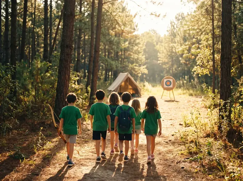 Niños de Tribu caminando hacia el tiro con arco en el bosque